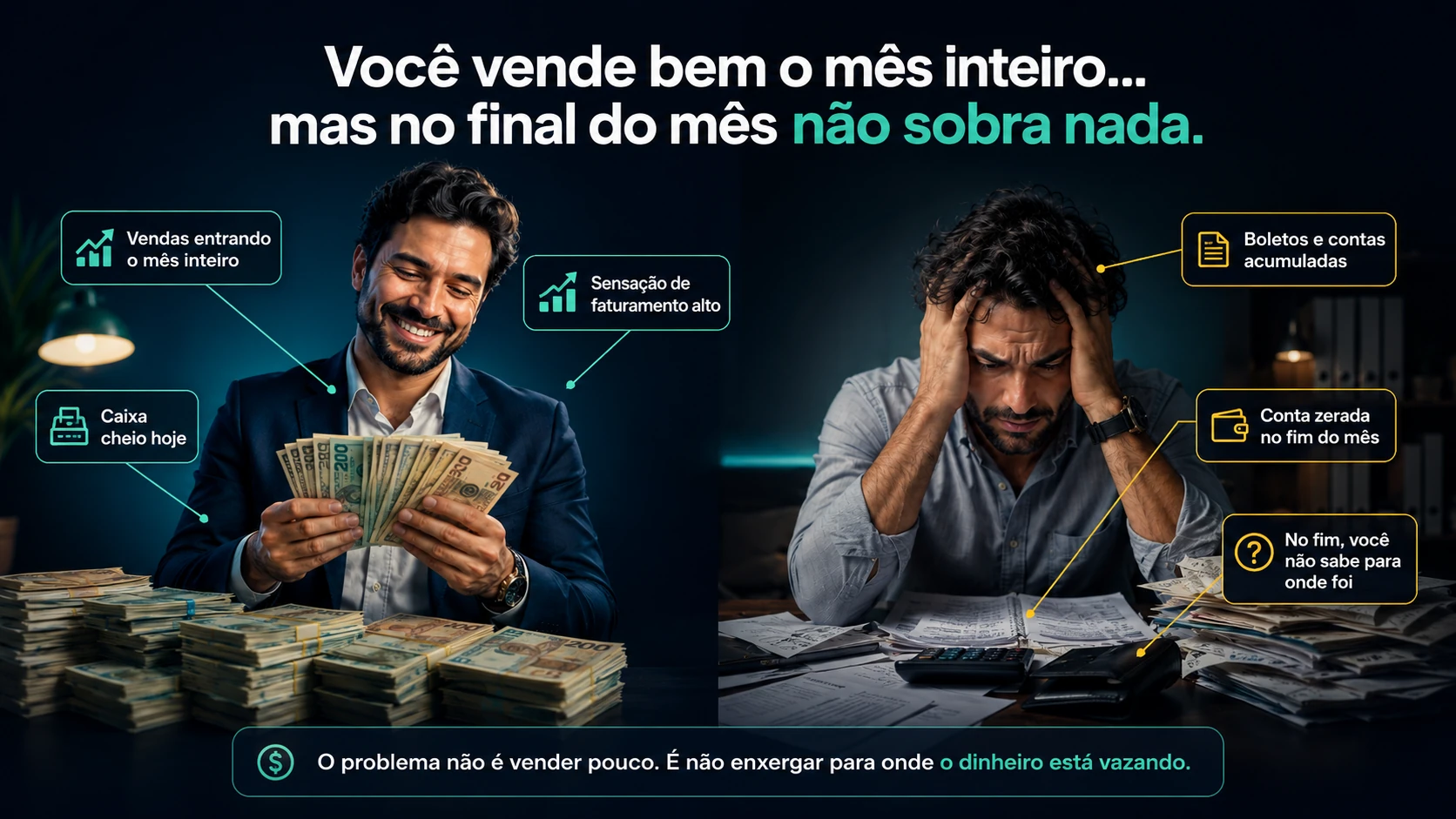 De um lado, o dono feliz contando o dinheiro que entra o mês inteiro; do outro, o mesmo dono de cabeça baixa com a conta zerada e os boletos acumulados no fim do mês. O problema não é vender pouco — é não enxergar para onde o dinheiro está vazando.